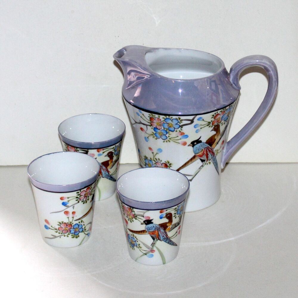 Vintage Lusterware Water Pitcher and 3 Cups set Japan birds purple ice lip